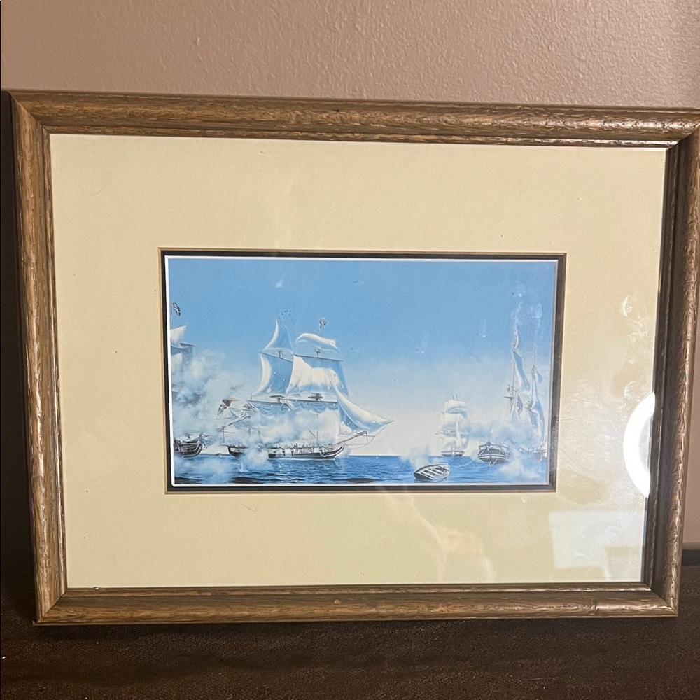 😄Vintage framed and matted nautical print battle